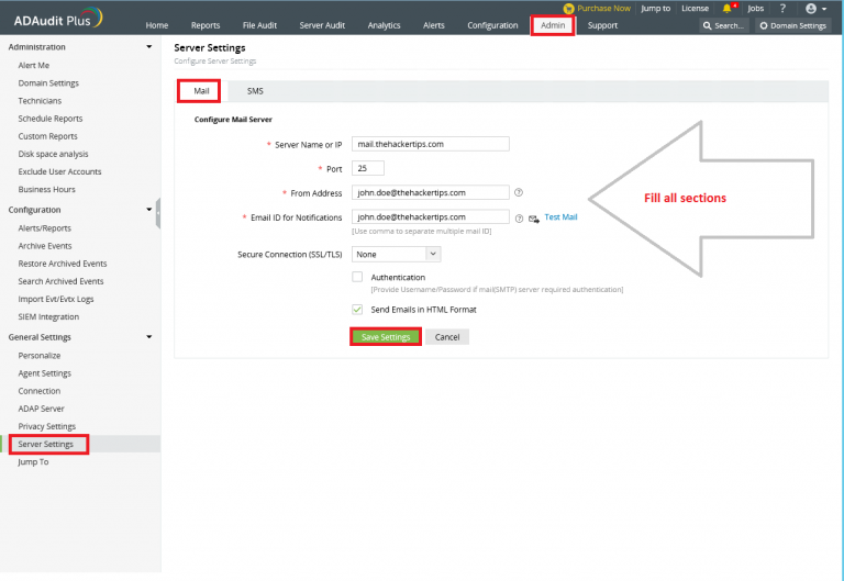 Configuring email setting on ADAudit Plus