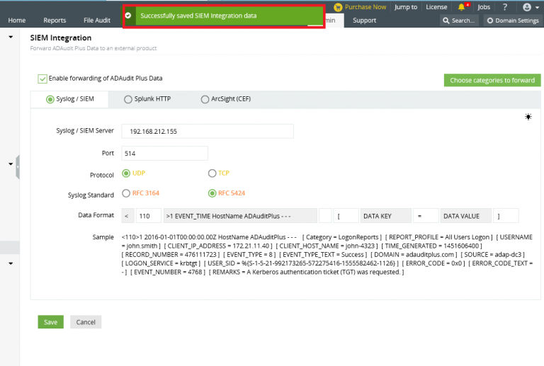 SIEM configuration on ADAudit Plus